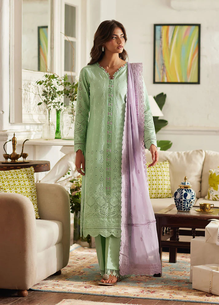 Model wearing mint green Alira from Gulaal Lumiere Chikankaari Lawn, Pakistani luxury pret and Pakistani clothes online in UK.