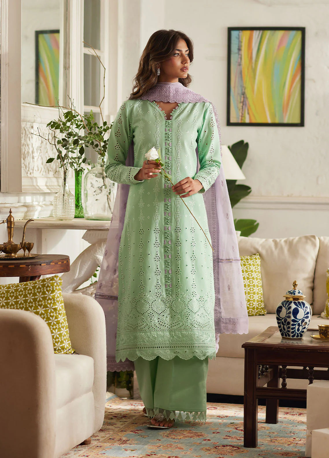 Model wearing mint green Alira from Gulaal Lumiere Chikankaari Lawn, Pakistani luxury pret and Pakistani clothes online in UK.