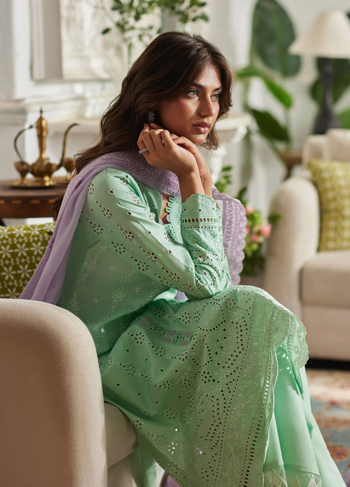 Model wearing mint green Alira from Gulaal Lumiere Chikankaari Lawn, Pakistani luxury pret and Pakistani clothes online in UK.