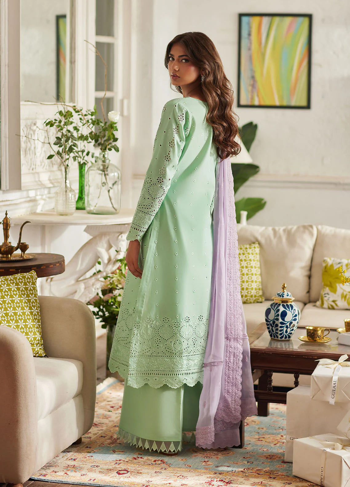 Model wearing mint green Alira from Gulaal Lumiere Chikankaari Lawn, Pakistani luxury pret and Pakistani clothes online in UK.