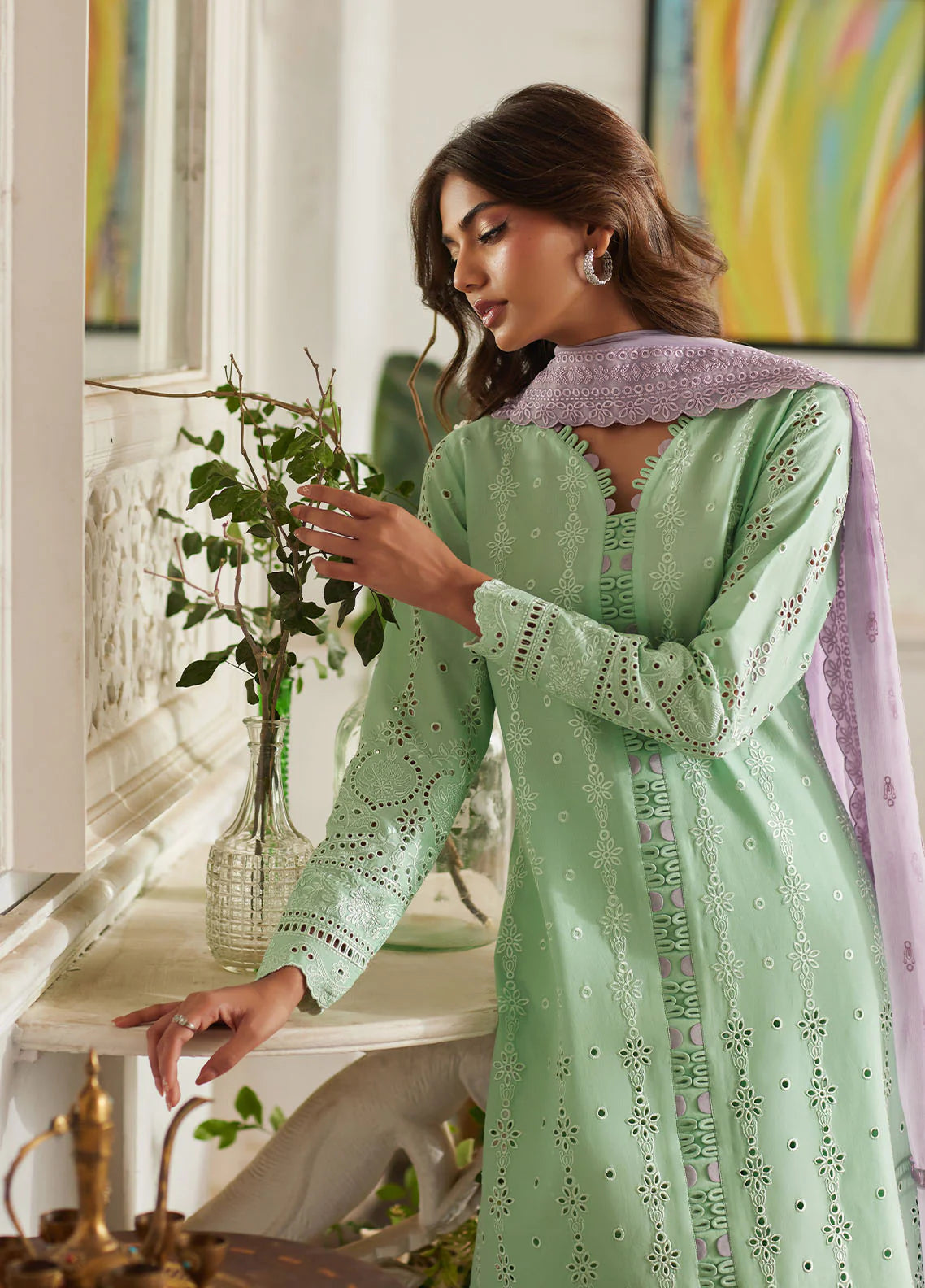 Model wearing mint green Alira from Gulaal Lumiere Chikankaari Lawn, Pakistani luxury pret and Pakistani clothes online in UK.