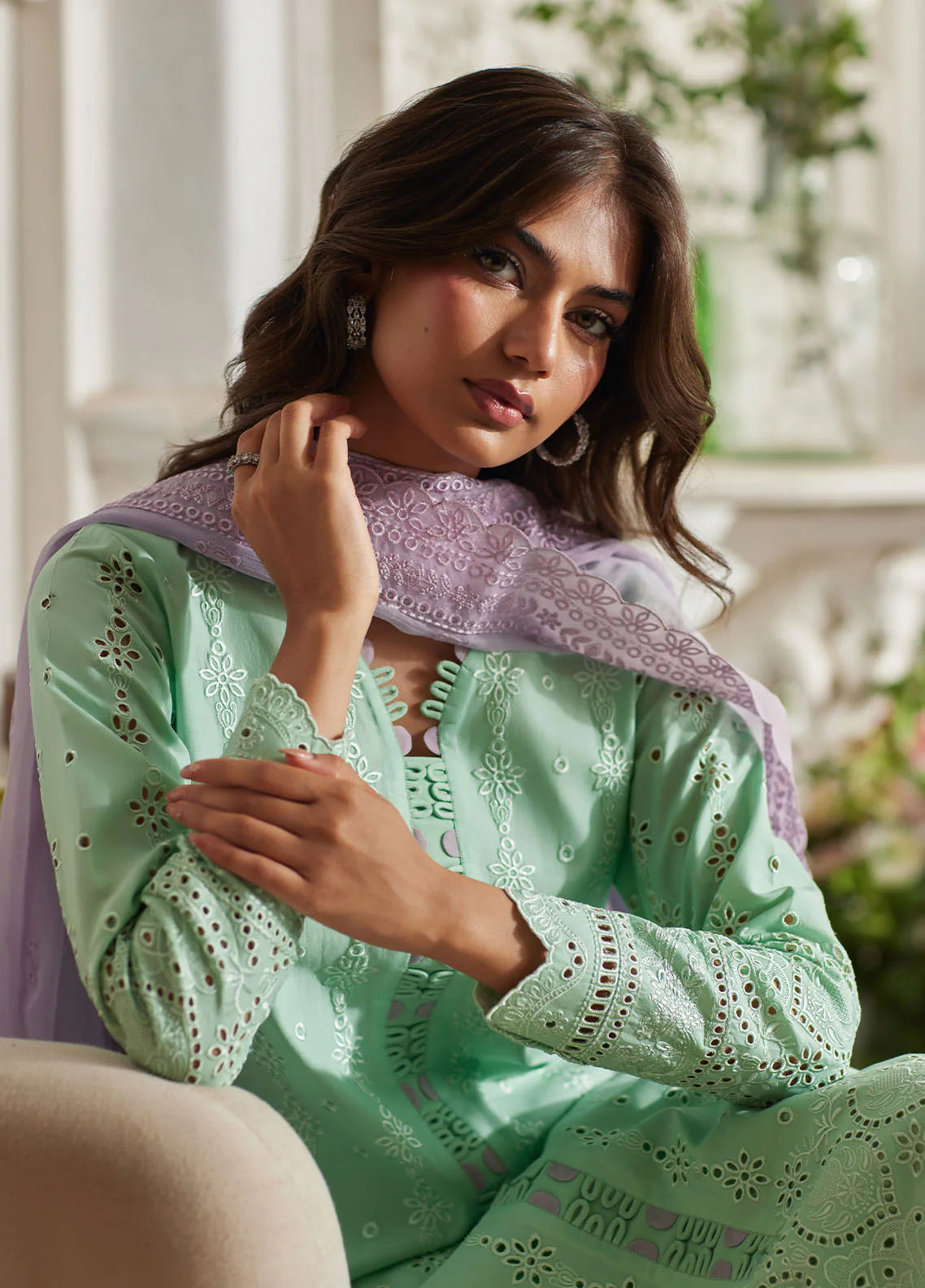 Model wearing mint green Alira from Gulaal Lumiere Chikankaari Lawn, Pakistani luxury pret and Pakistani clothes online in UK.