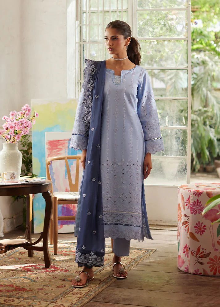 Model wearing powder blue Zorya from Gulaal Lumiere Chikankaari Lawn, Pakistani luxury pret and Pakistani clothes online in UK.