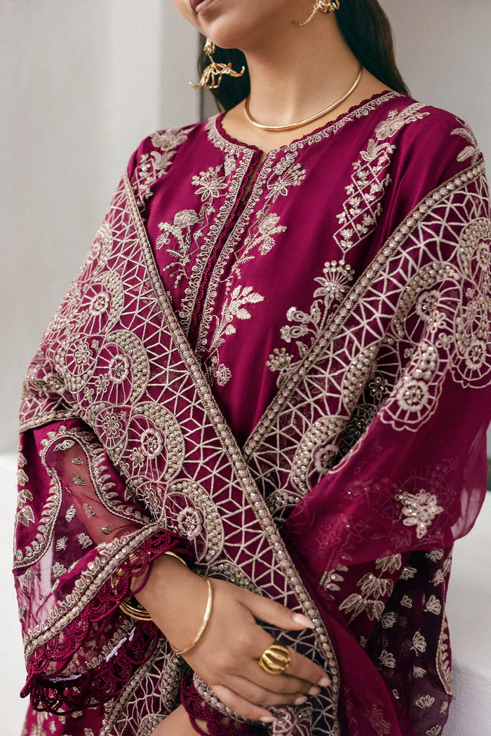Model wearing deep maroon Saira Rizwan BELLA SREP03-25 from Sajri Eid Pret '25, Pakistani luxury pret, shop Saira Rizwan clothes online in UK.