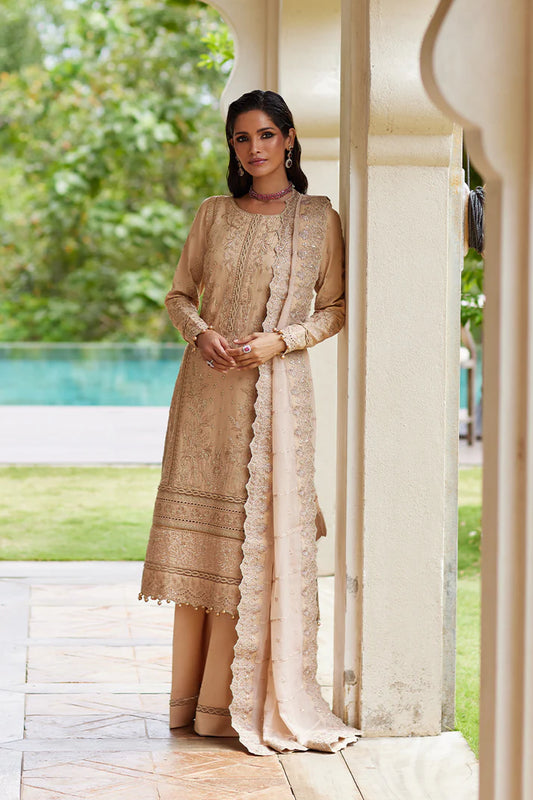 Model wearing Gulaal DAPHNE gold luxury lawn dress with intricate embroidery. Shop Pakistani luxury pret online in the UK for an elegant look.