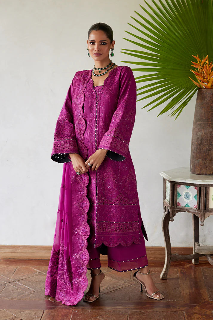 Model wearing Gulaal HAZEL purple luxury lawn dress with intricate embroidery. Shop Pakistani luxury pret online in the UK for an elegant look.