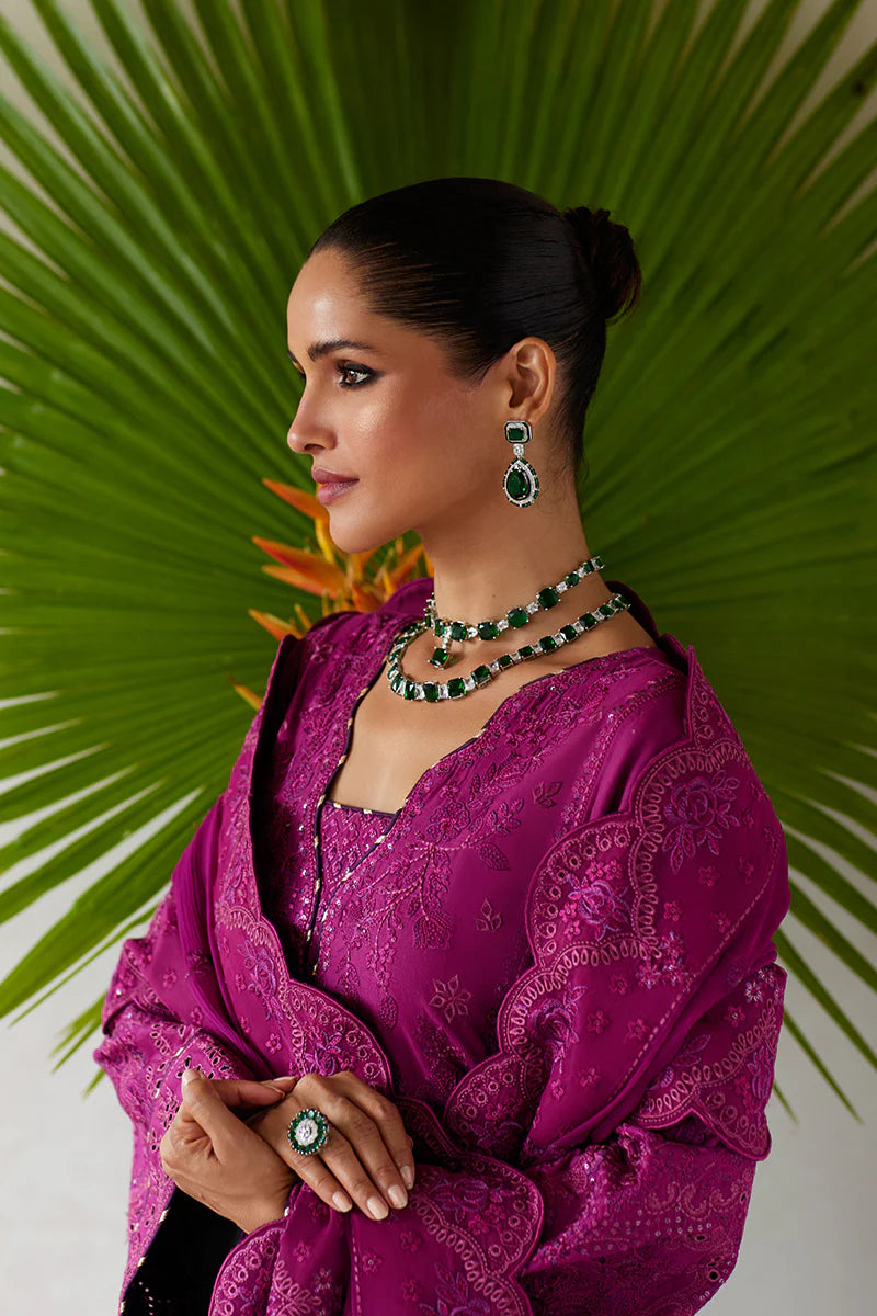 Model wearing Gulaal HAZEL purple luxury lawn dress with intricate embroidery. Shop Pakistani luxury pret online in the UK for an elegant look.