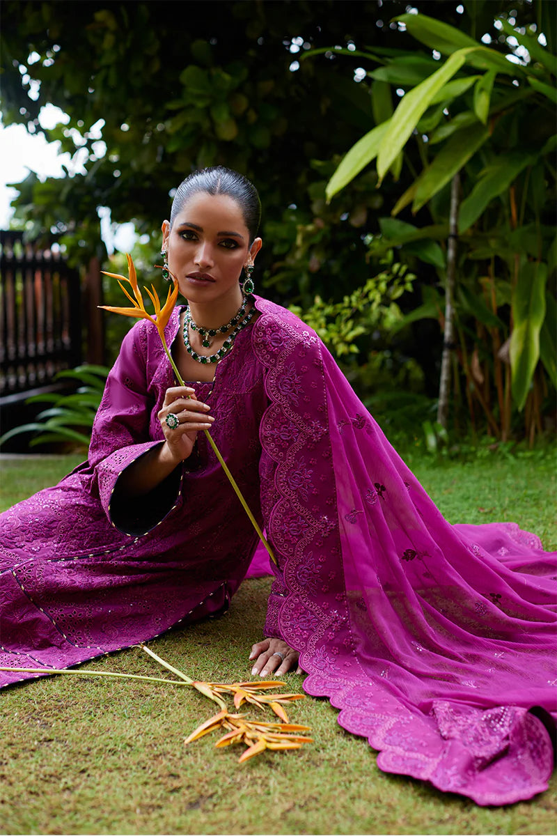 Model wearing Gulaal HAZEL purple luxury lawn dress with intricate embroidery. Shop Pakistani luxury pret online in the UK for an elegant look.