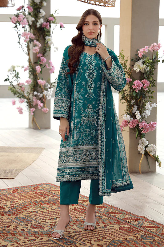 Model wearing teal Gulaal Ariana outfit with white thread embroidery, perfect for Pakistani luxury pret and festive wear online in the UK.