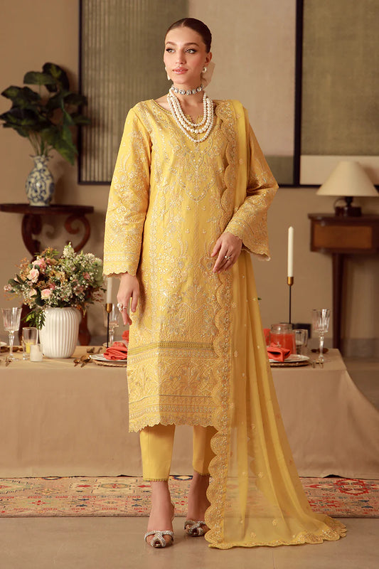 Model wearing mustard yellow embroidered Gulaal Ura outfit, ideal for Eid wear and Pakistani luxury pret, available online in the UK.