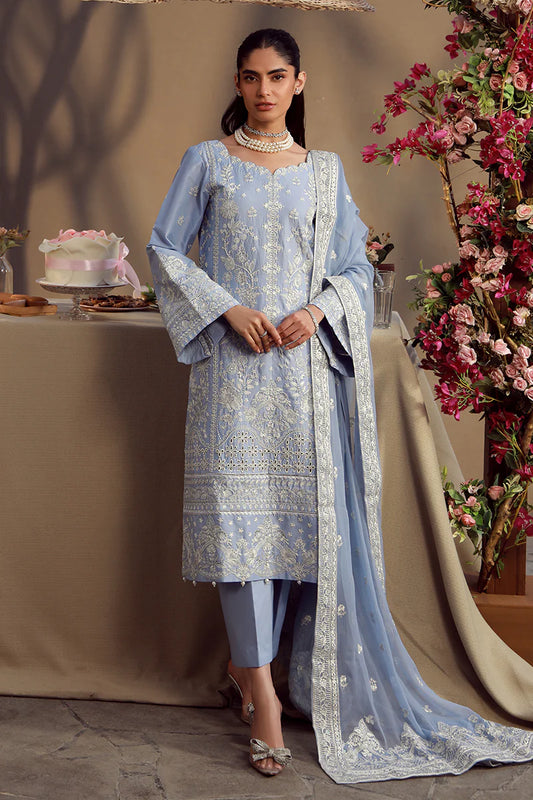 Model wearing cashmere blue embroidered Nehal outfit from Gulaal Festive Pret, perfect for Pakistani luxury pret and Eid wear in the UK.