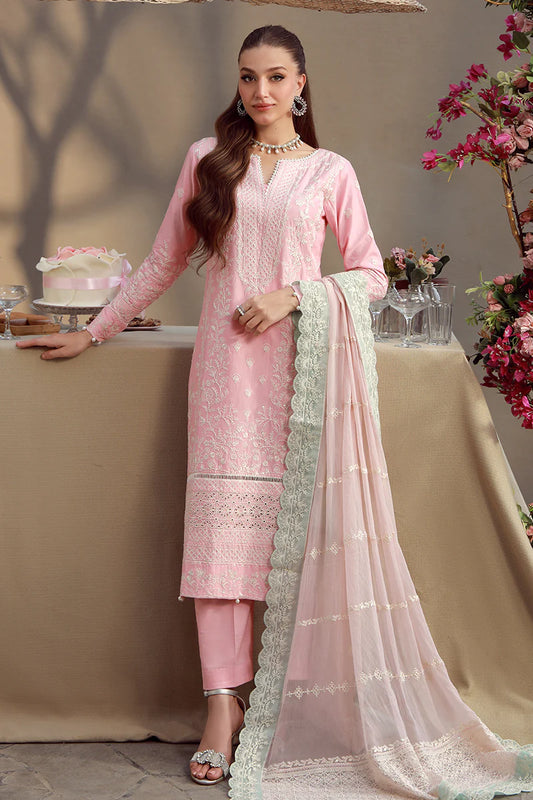 Model wearing blush pink embroidered Kavya outfit from Gulaal Festive Pret, ideal for Pakistani luxury pret and Eid wear in the UK.