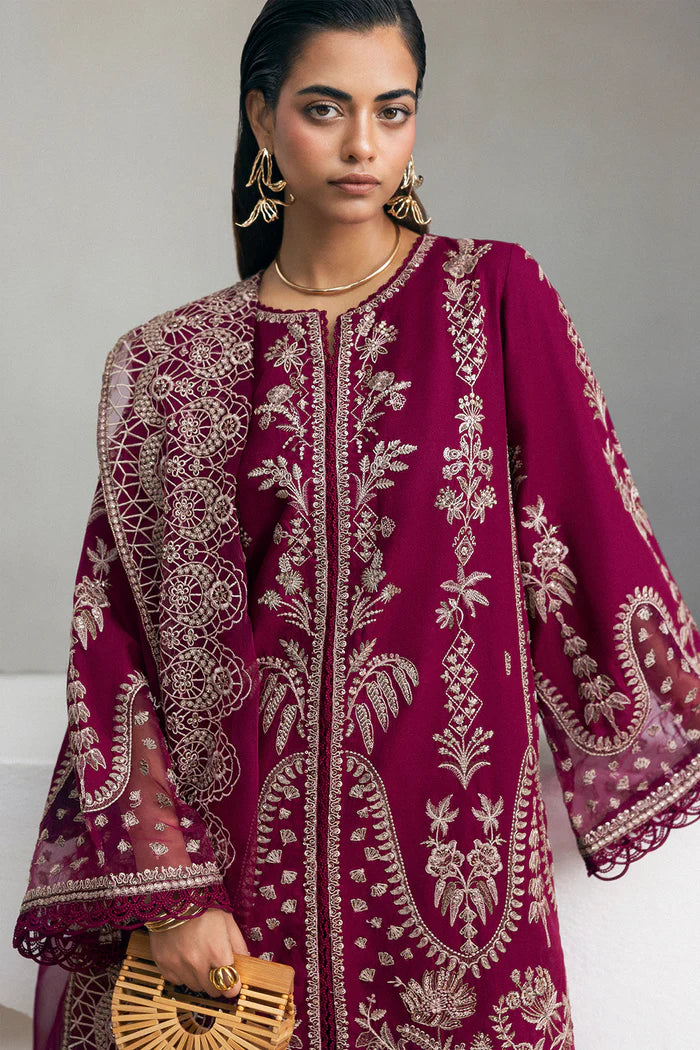 Model wearing deep maroon Saira Rizwan BELLA SREP03-25 from Sajri Eid Pret '25, Pakistani luxury pret, shop Saira Rizwan clothes online in UK.