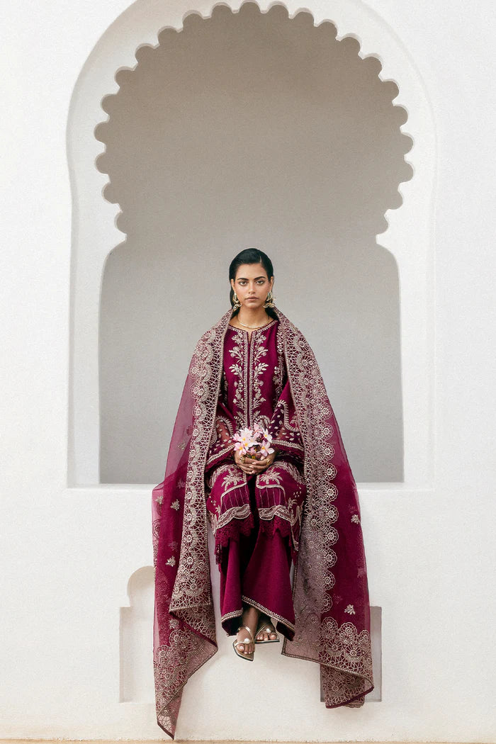 Model wearing deep maroon Saira Rizwan BELLA SREP03-25 from Sajri Eid Pret '25, Pakistani luxury pret, shop Saira Rizwan clothes online in UK.