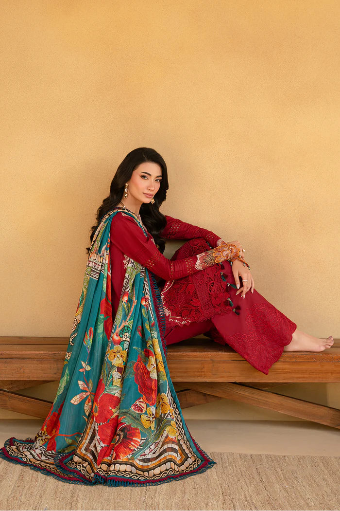 Model wearing maroon embroidered three-piece suit with printed dupatta from Saira Rizwan, Pakistani luxury pret, Pakistani clothes online in UK.