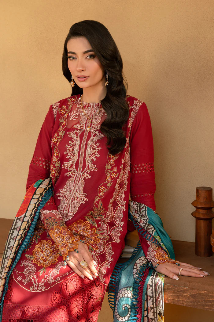 Model wearing maroon embroidered three-piece suit with printed dupatta from Saira Rizwan, Pakistani luxury pret, Pakistani clothes online in UK.