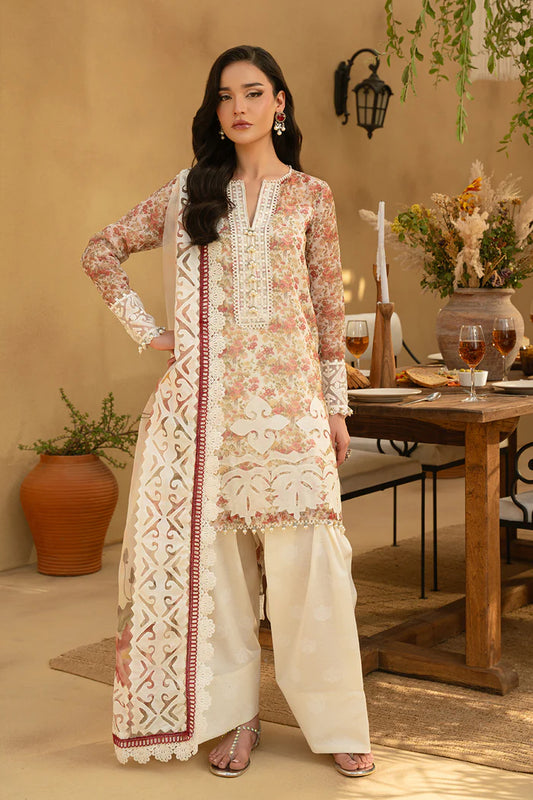 Model wearing ivory floral embroidered shirt with cream trousers and printed dupatta from Saira Rizwan, Pakistani luxury pret, Pakistani clothes online in UK.