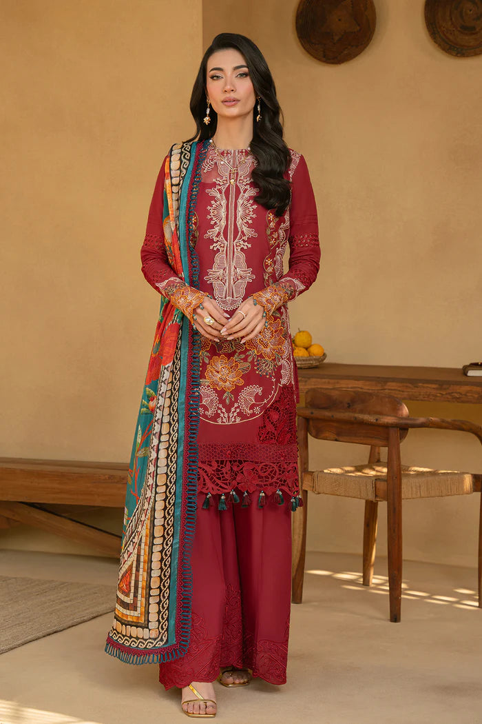 Model wearing maroon embroidered three-piece suit with printed dupatta from Saira Rizwan, Pakistani luxury pret, Pakistani clothes online in UK.