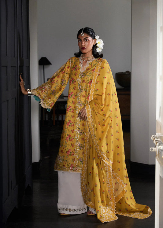 Model wearing mustard yellow Enid outfit from Hussain Rehar Pret SS '25, Pakistani casual pret and clothes online in UK.