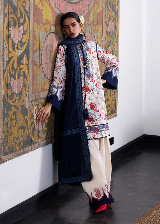 Model wearing cream and navy floral printed Aeri outfit from Hussain Rehar Pret SS '25, Pakistani luxury pret and clothes online in UK.
