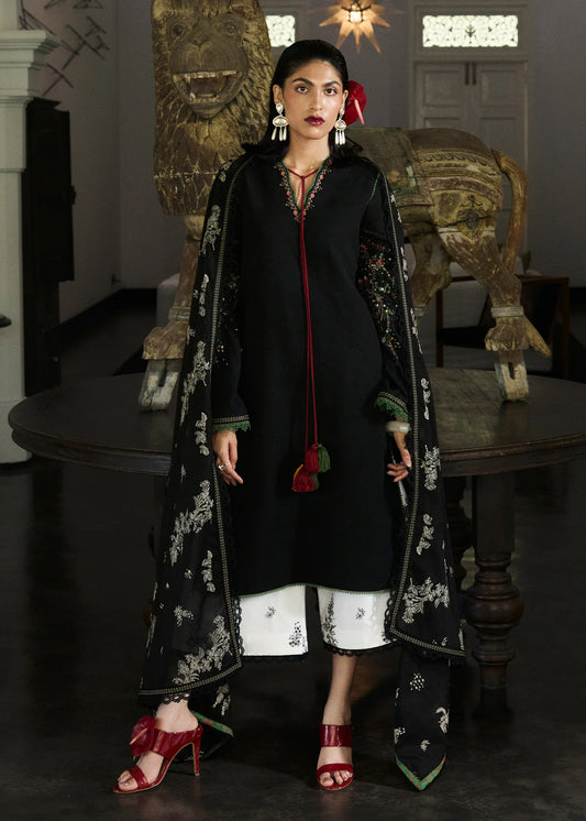 Model wearing black and white embroidered Noa outfit from Hussain Rehar Pret SS '25, Pakistani luxury pret and clothes online in UK.