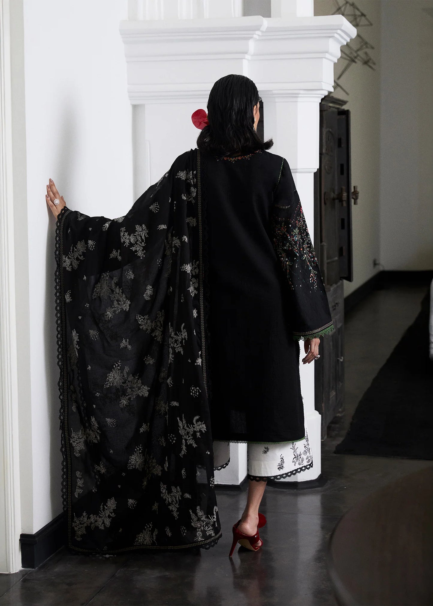 Model wearing black and white embroidered Noa outfit from Hussain Rehar Pret SS '25, Pakistani luxury pret and clothes online in UK.