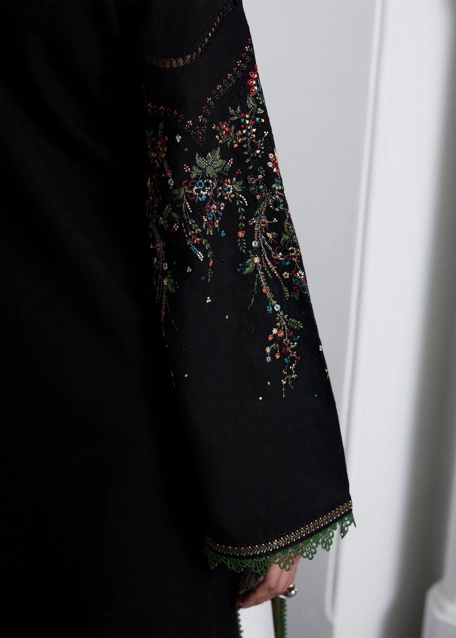 Model wearing black and white embroidered Noa outfit from Hussain Rehar Pret SS '25, Pakistani luxury pret and clothes online in UK.