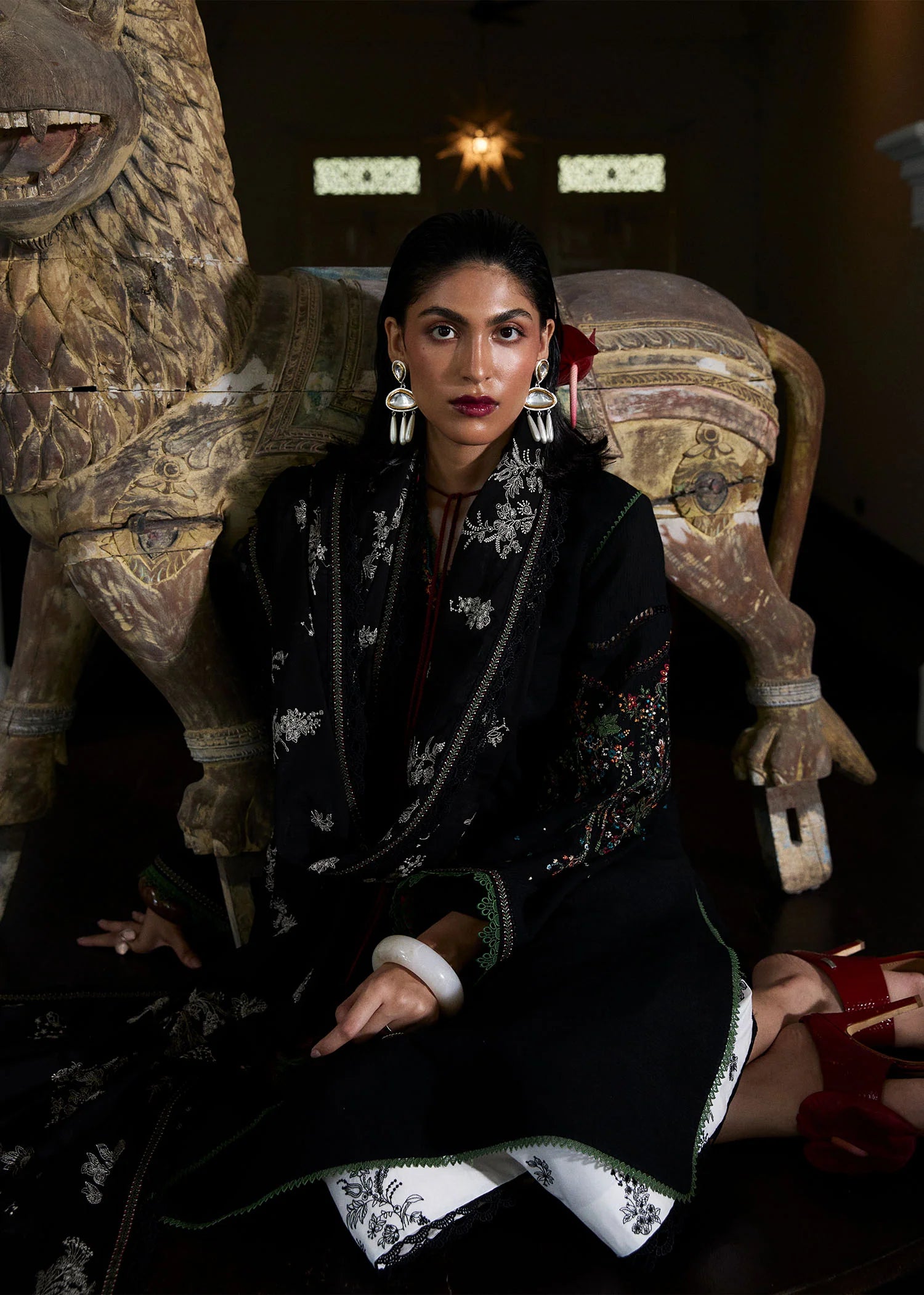 Model wearing black and white embroidered Noa outfit from Hussain Rehar Pret SS '25, Pakistani luxury pret and clothes online in UK.