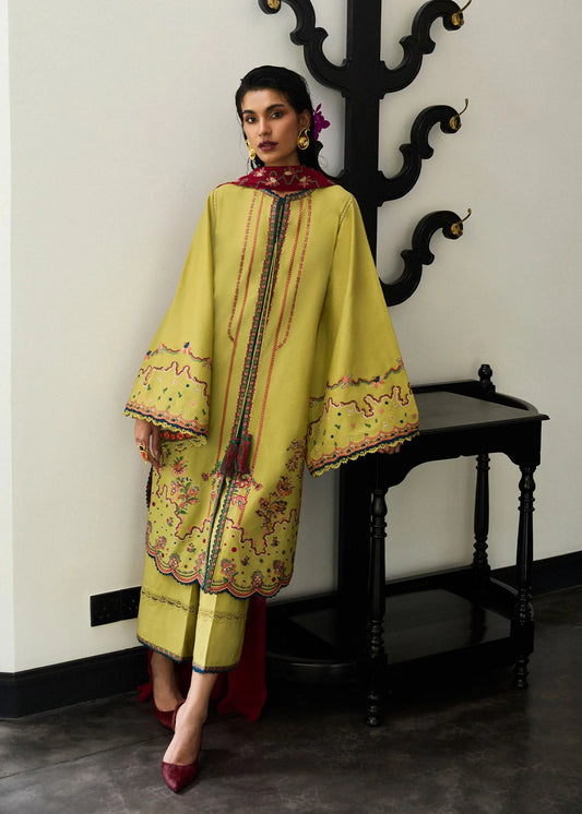 Model wearing apple green Alva outfit with red detailing from Hussain Rehar Pret SS '25, Pakistani luxury pret and clothes online in UK.
