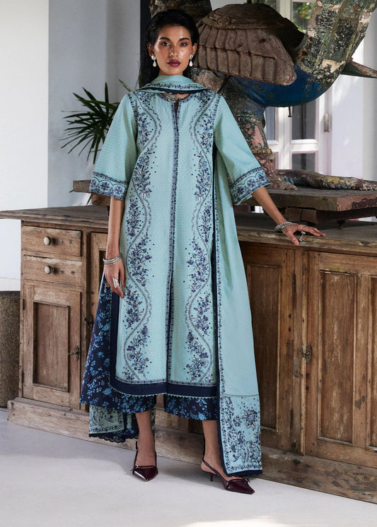 Model wearing light turquoise and navy embroidered Nesta outfit from Hussain Rehar Pret SS '25, Pakistani luxury pret and clothes online in UK.