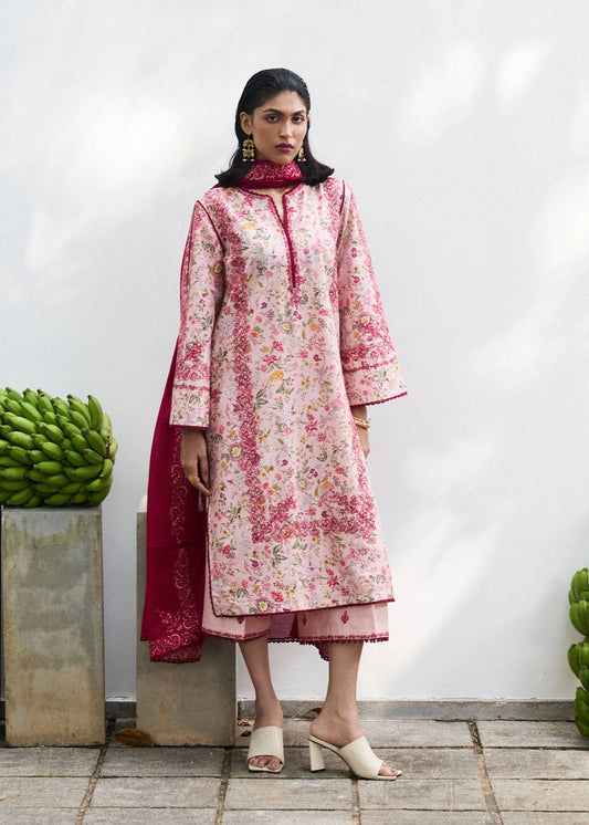 Model wearing pink floral Darla dress from Hussain Rehar Pret SS '25, showcasing Pakistani luxury pret and Pakistani clothes online in UK.