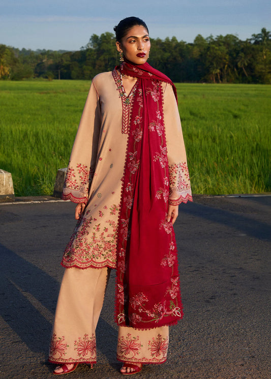 Model wearing beige and maroon embroidered Shiren outfit from Hussain Rehar Pret SS '25, Pakistani luxury pret and clothes online in UK.