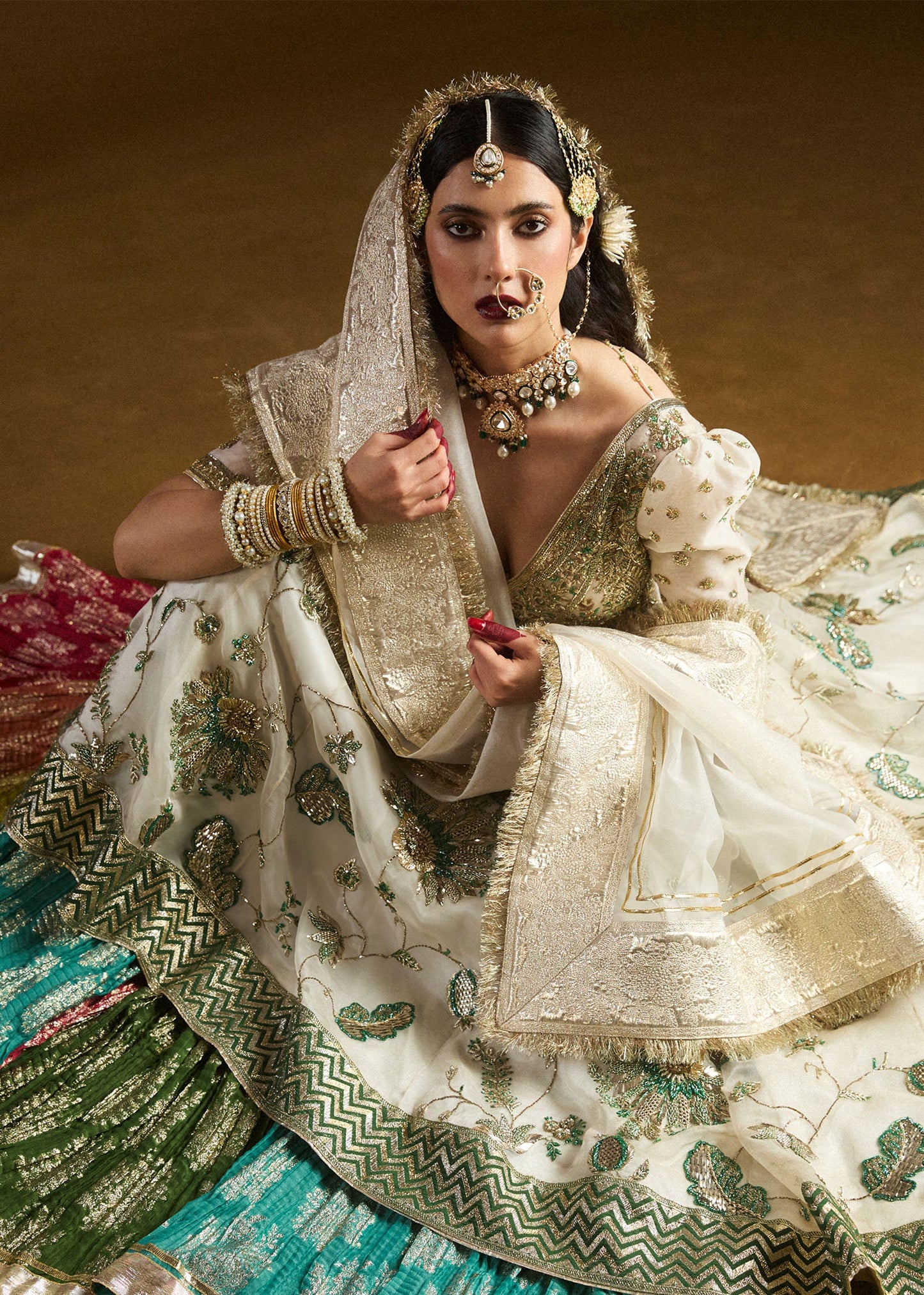 Model wearing Aaj from Hussain Rehar's Bridal Couture '24, exuding luxury bridal elegance. Pakistani clothes online in UK.