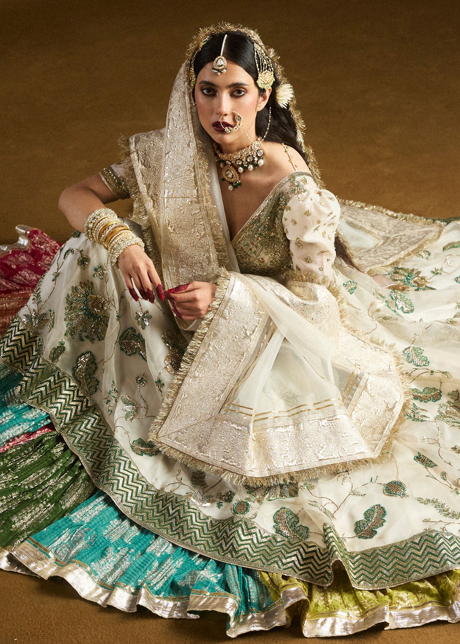 Model wearing Aaj from Hussain Rehar's Bridal Couture '24, exuding luxury bridal elegance. Pakistani clothes online in UK.