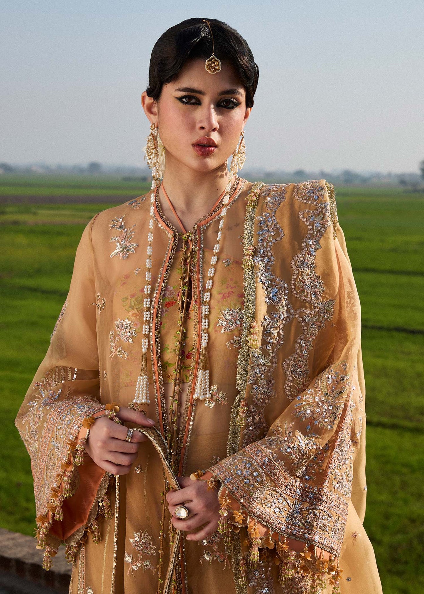 Model wearing Hussain Rehar Sundal golden beige embroidered festive dress with intricate embellishments and traditional details. Shop Pakistani clothes online in the UK now.