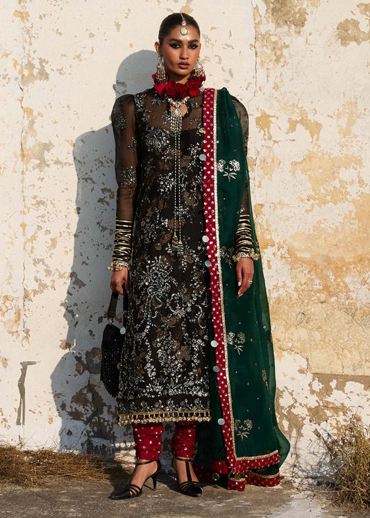 Model wearing Hussain Rehar Shama black embroidered festive dress with green and red accents. Shop Pakistani clothes online in the UK now.