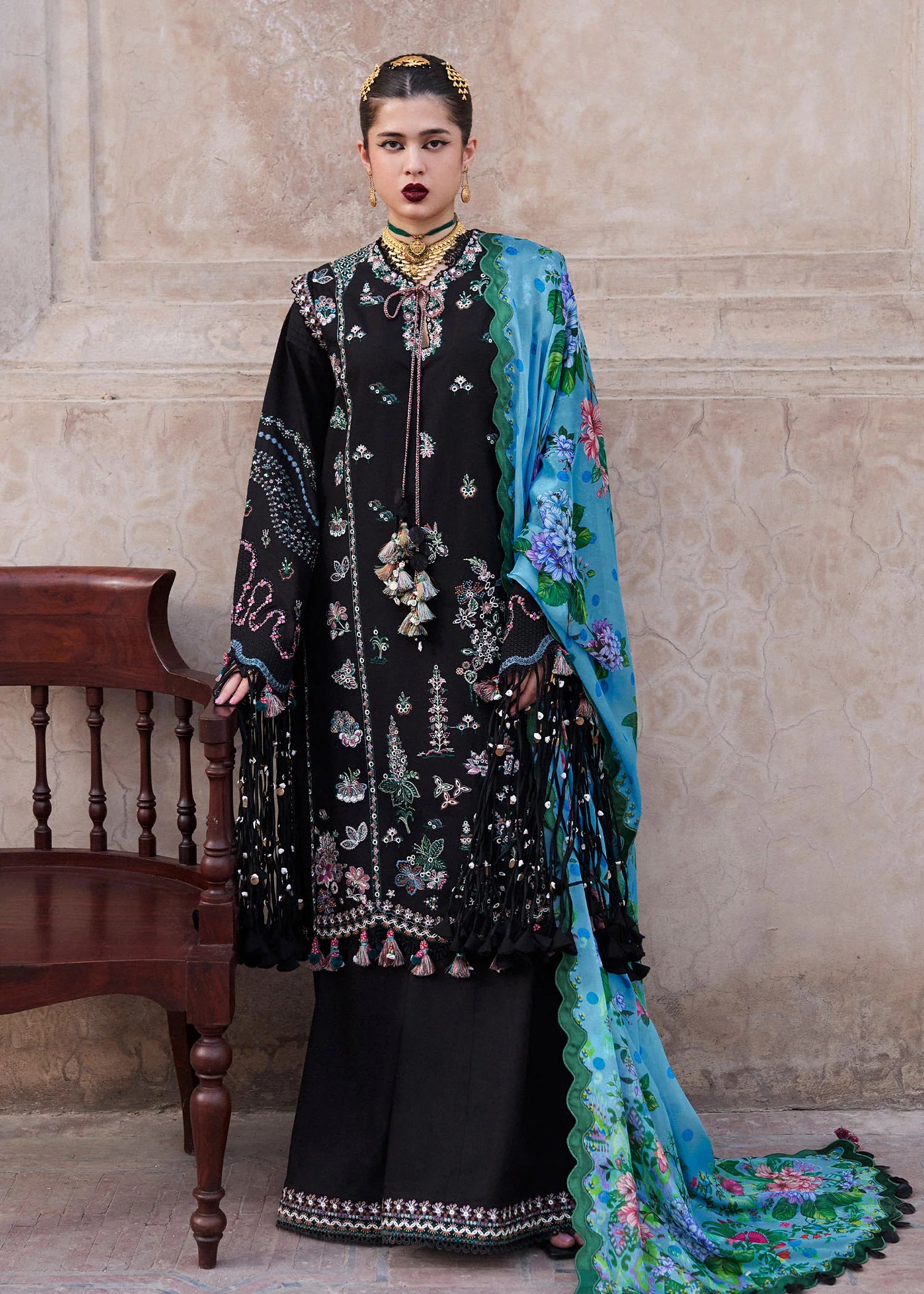 Model wearing black and blue Arzo from Hussain Rehar Nirmal SS '25, Pakistani luxury pret and Pakistani clothes online in UK.