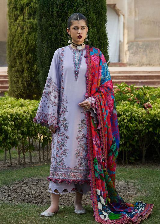 Model wearing lilac and multicolor Inaya from Hussain Rehar Nirmal SS '25, Pakistani luxury pret and Pakistani clothes online in UK.