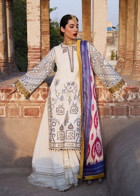 Model wearing ivory and multicolor Motia from Hussain Rehar Nirmal SS '25, Pakistani luxury pret and Pakistani clothes online in UK.