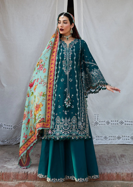 Model wearing teal and pastel floral Saher from Hussain Rehar Nirmal SS '25, Pakistani luxury pret and Pakistani clothes online in UK.