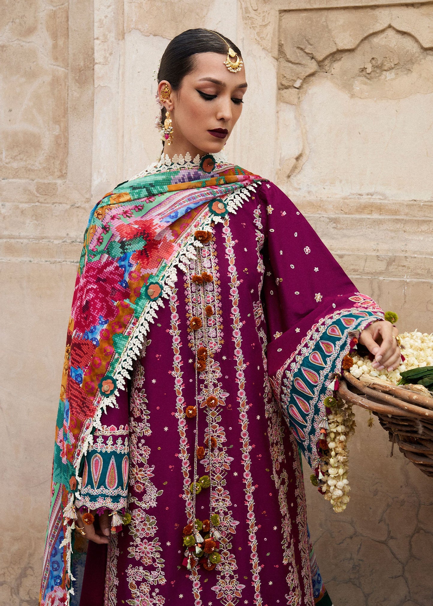 Model wearing deep magenta Kahei from Hussain Rehar Nirmal SS '25, Pakistani luxury pret and Pakistani clothes online in UK.