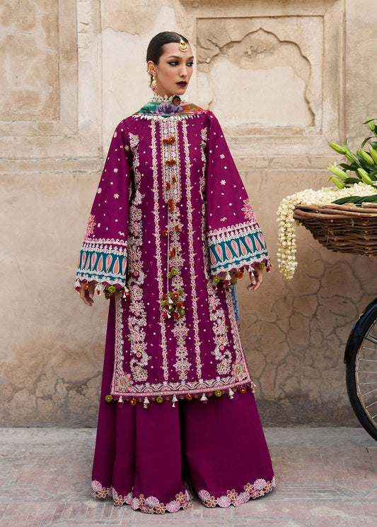 Model wearing deep magenta Kahei from Hussain Rehar Nirmal SS '25, Pakistani luxury pret and Pakistani clothes online in UK.