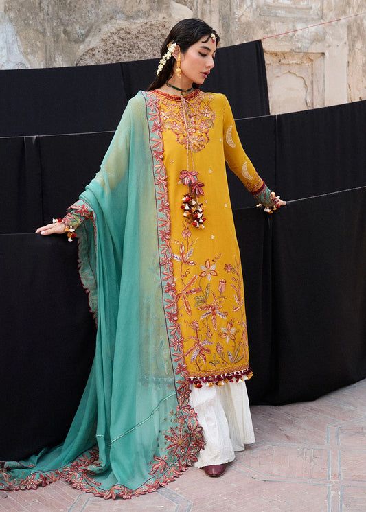 Model wearing mustard and teal Masam from Hussain Rehar Nirmal SS '25, Pakistani luxury pret and Pakistani clothes online in UK.