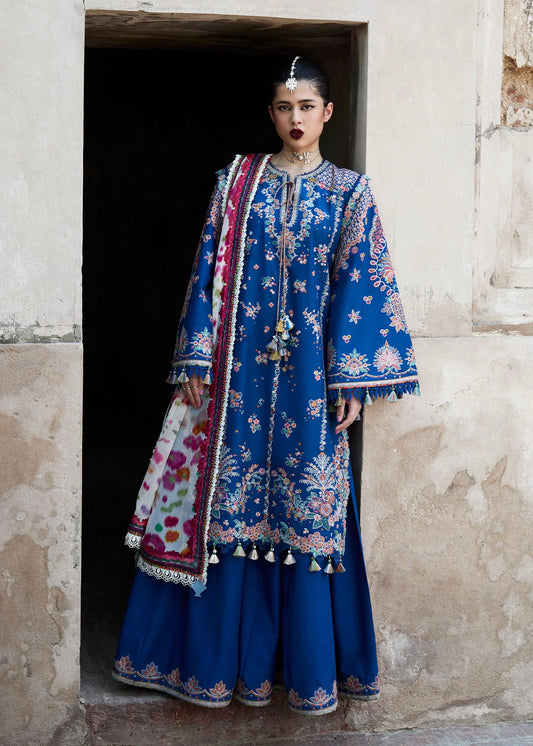 Model wearing royal blue Zarqa from Hussain Rehar Nirmal SS '25, Pakistani luxury pret and Pakistani clothes online in UK.