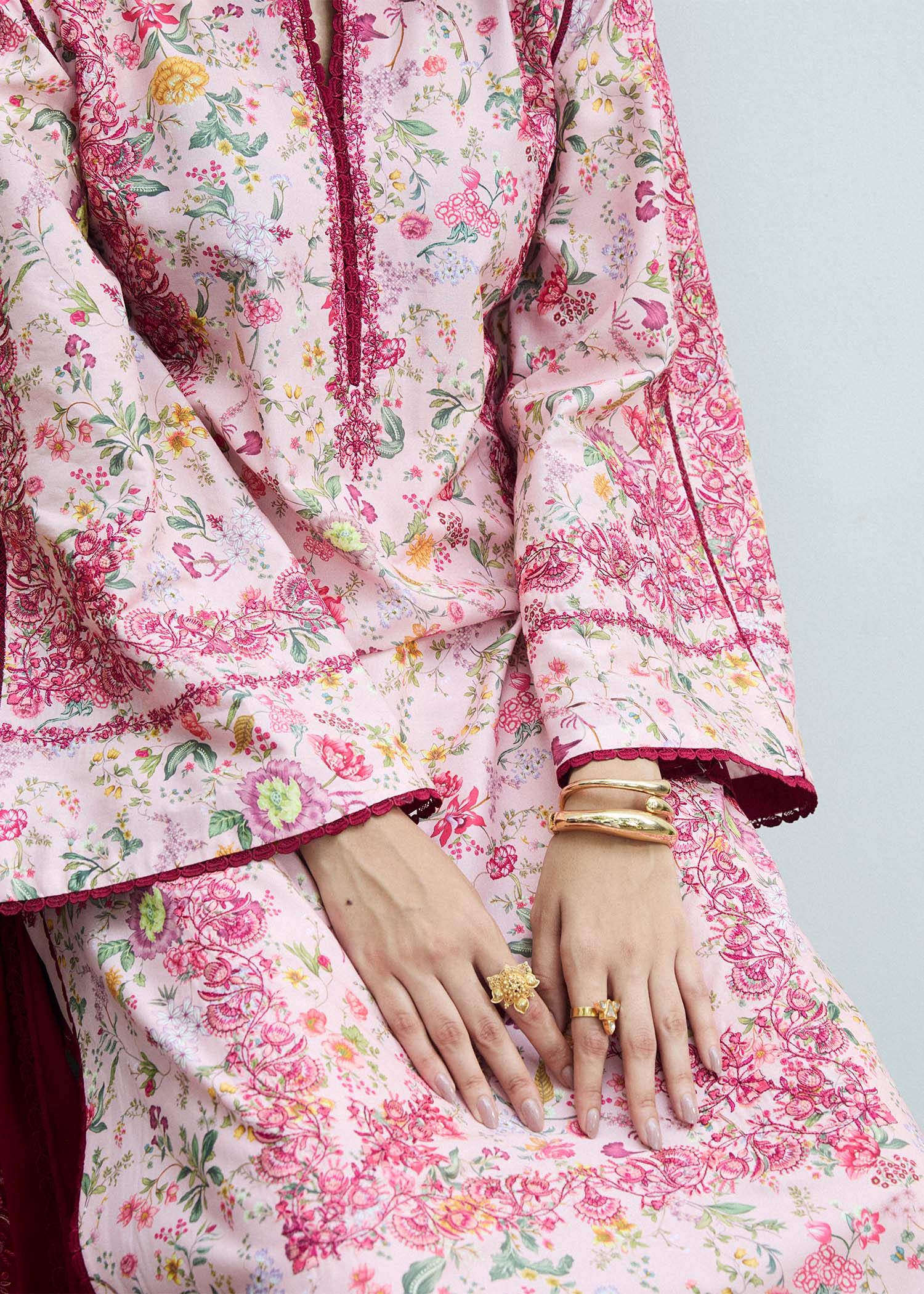 Model wearing pink floral Darla dress from Hussain Rehar Pret SS '25, showcasing Pakistani luxury pret and Pakistani clothes online in UK.