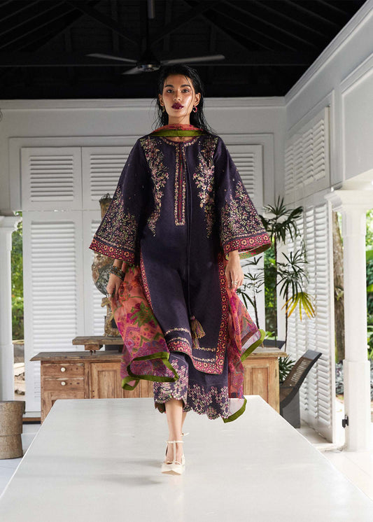 Model wearing deep purple embroidered Joao outfit from Hussain Rehar Pret SS '25, Pakistani luxury pret and clothes online in UK.