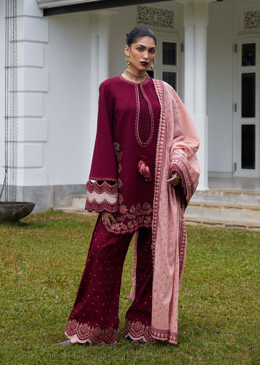 Model wearing deep maroon Sarai outfit with blush pink dupatta from Hussain Rehar Pret SS '25, Pakistani luxury pret and clothes online in UK.
