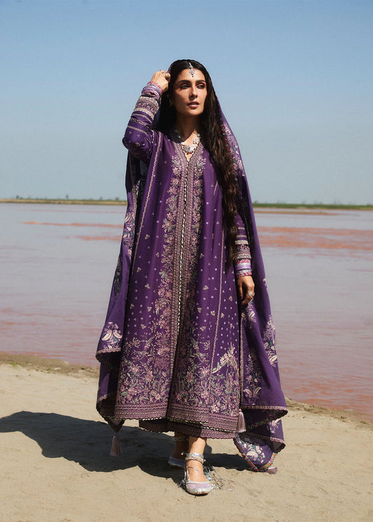 Model wearing deep purple Gulistaan dress from Hussain Rehar, showcasing Pakistani luxury pret and Pakistani clothes online in UK.