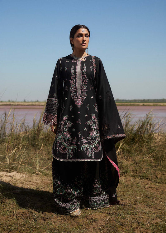 Model wearing black dress Siyah by Hussain Rehar, Pakistani luxury pret online in UK for festive wear and Eid.