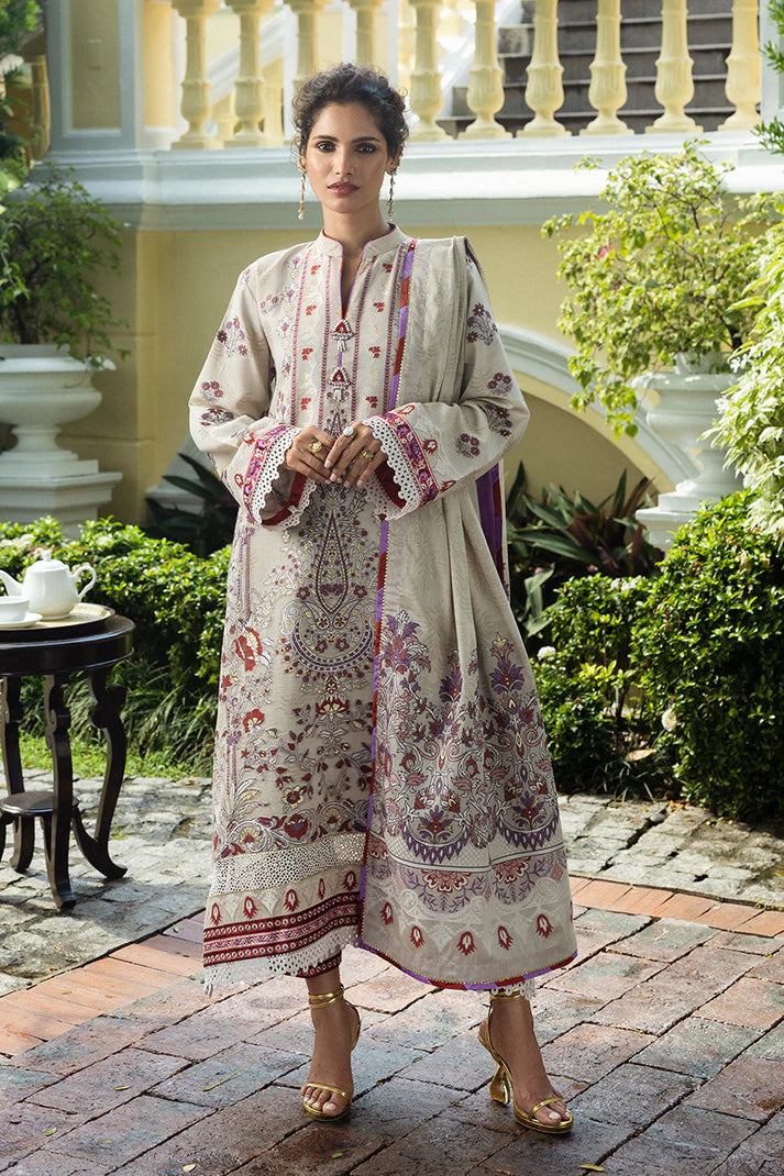 Model wearing beige and plum Levana dress from Mushq Seraph Jacquard Lawn '25, Pakistani Luxury pret, Pakistani clothes online in UK.